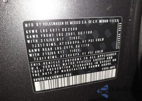 2024 Volkswagen Tiguan 2.0T S z USA, uszkodzony, nr VIN 3VVFB7AX4RM061906